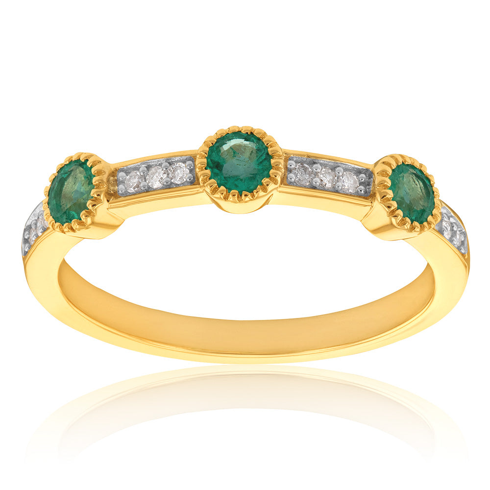 14ct Yellow Gold 0.42ct Natural Emerald and Diamond Fancy Channel Ring