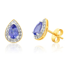 Load image into Gallery viewer, 9ct Yellow Gold 0.90ct Tanzanite and Diamond Pear Halo Studs