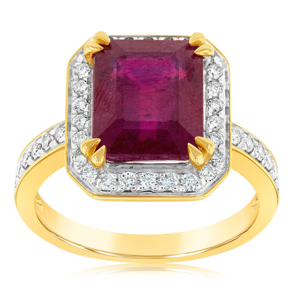 9ct Yellow Gold Approx. 5.00ct Natural Enhanced Ruby and Diamond Emerald Cut Ring