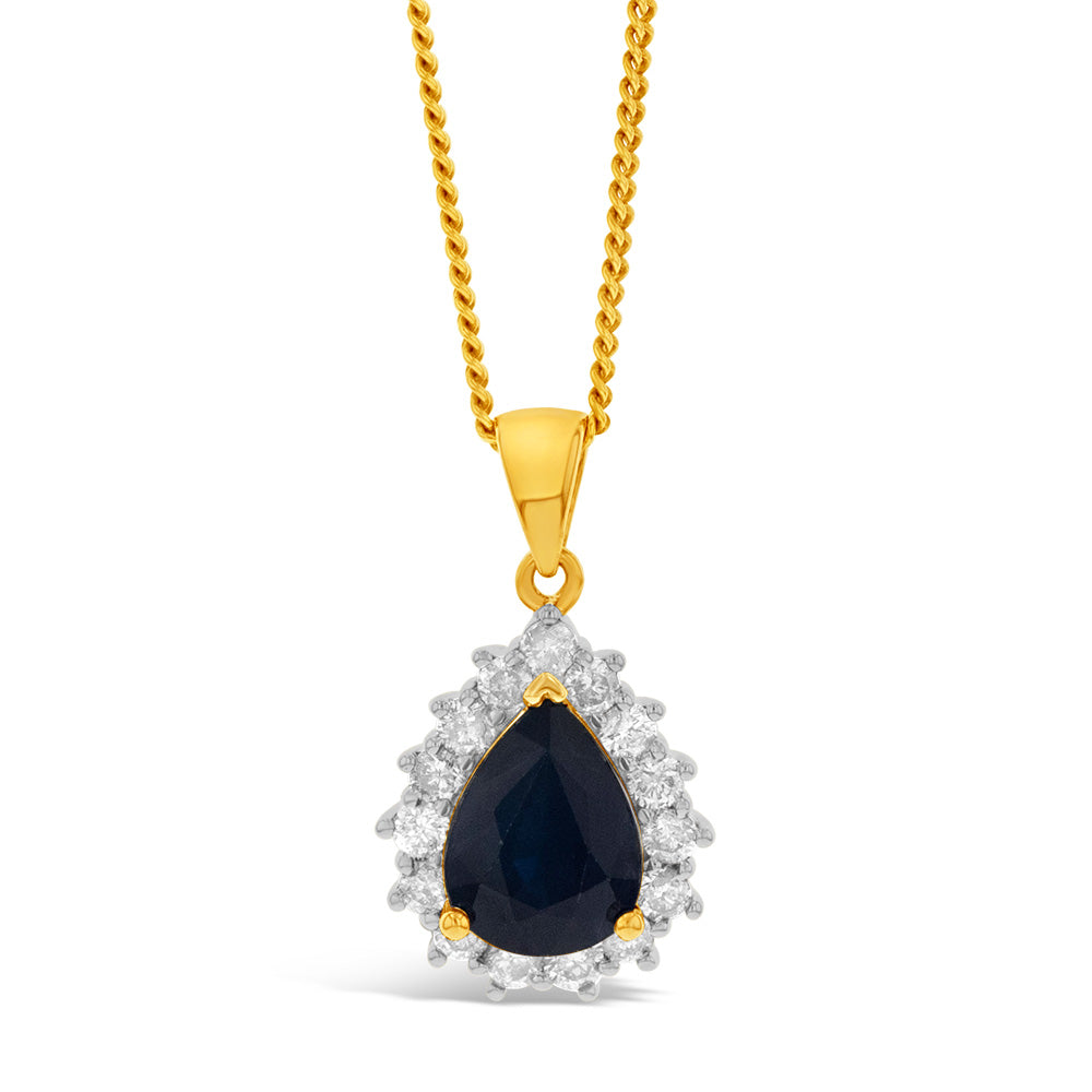 9ct Yellow Gold 1.72ct Natural Black Sapphire and Diamond Pear Halo Pendant