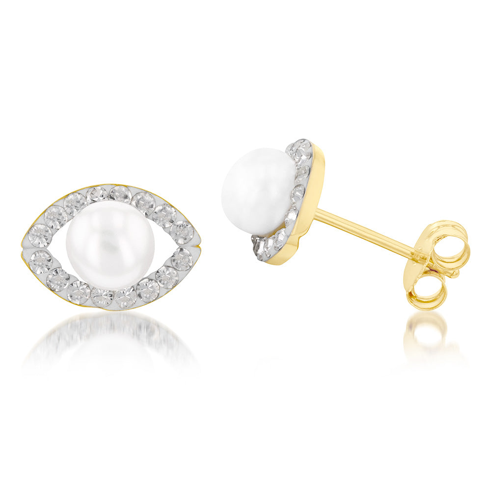 9ct Yellow Gold Fresh Water Pearl And Crystal Elliptical Stud Earrings