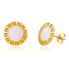 Load image into Gallery viewer, 9ct Yellow Gold Mother Of Pearl Greek Key Disc Stud Earrings