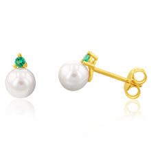 Load image into Gallery viewer, 9ct Yellow Gold Green Cubic Zirconia Pearl Stud Earrings