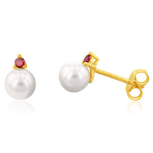 Load image into Gallery viewer, 9ct Yellow Gold Red Cubic Zirconia Pearl Stud Earrings