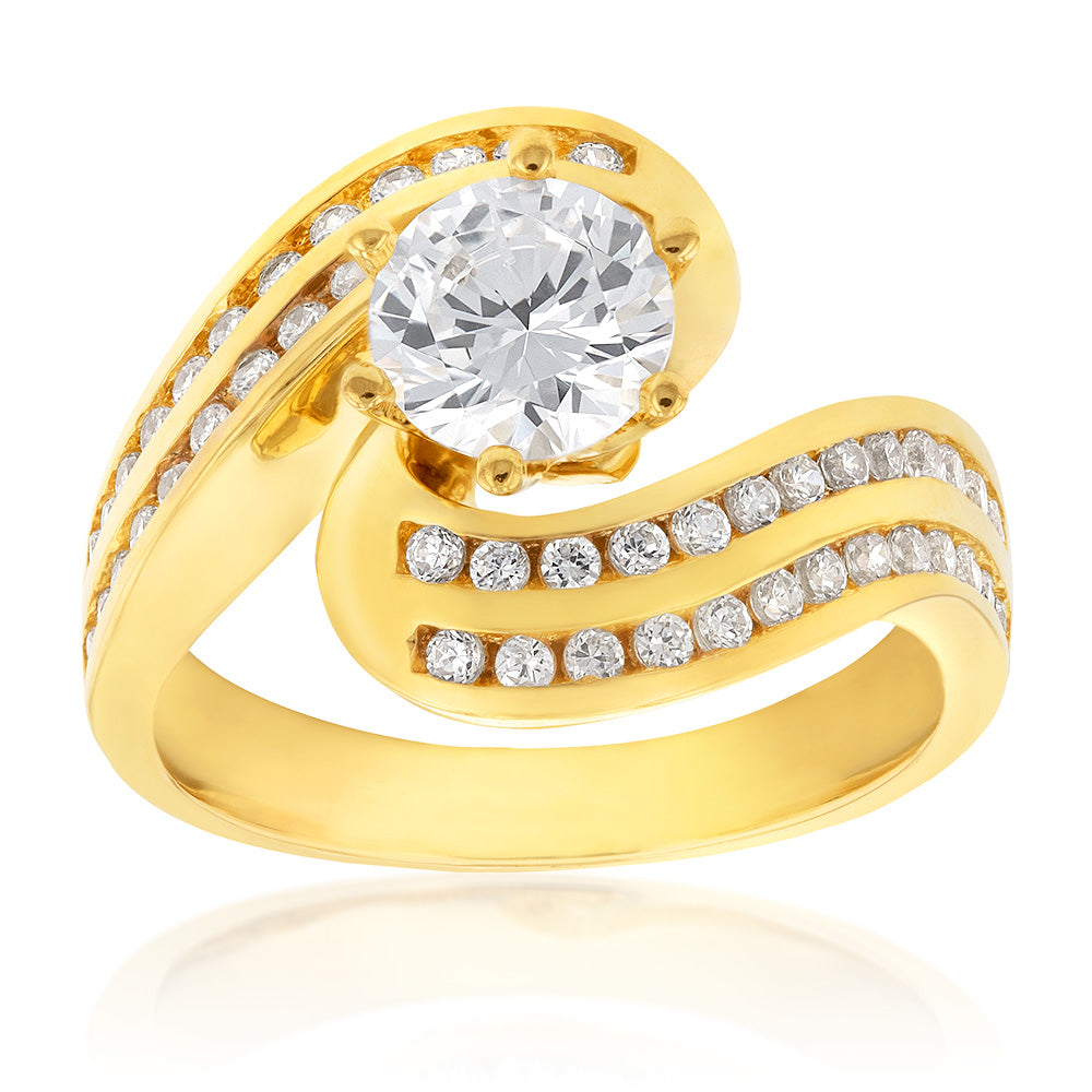 9ct Yellow Gold 2 Row Cubic Zirconia Twist Solitaire Ring