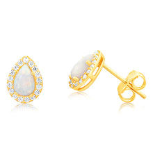 Load image into Gallery viewer, 9ct Yellow Gold Opal And Cubic Zirconia Pear Shaped Stud Earring
