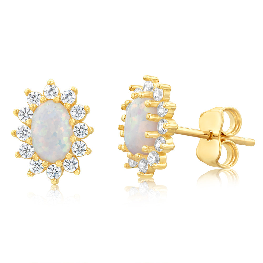 9ct Yellow Gold Opal And Cubic Zirconia Oval Stud Earrings