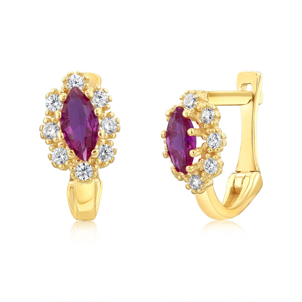 9ct Yellow Gold Created Ruby And White Cubic Zirconia Hoop Earrings