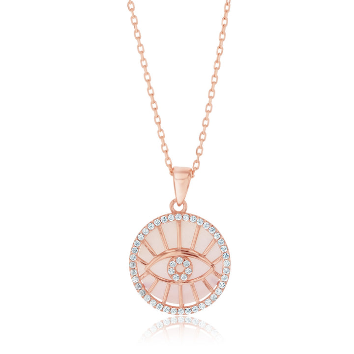 9ct Rose Gold Cubic Zirconia And Mother Of Pearl Evil Eye Pendant On Chain