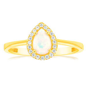 Gold Opal Pear & Zirconia Ring in 9ct Yellow