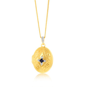 Natural Oval Black Sapphire & Diamond Locket in 9ct Yellow Gold