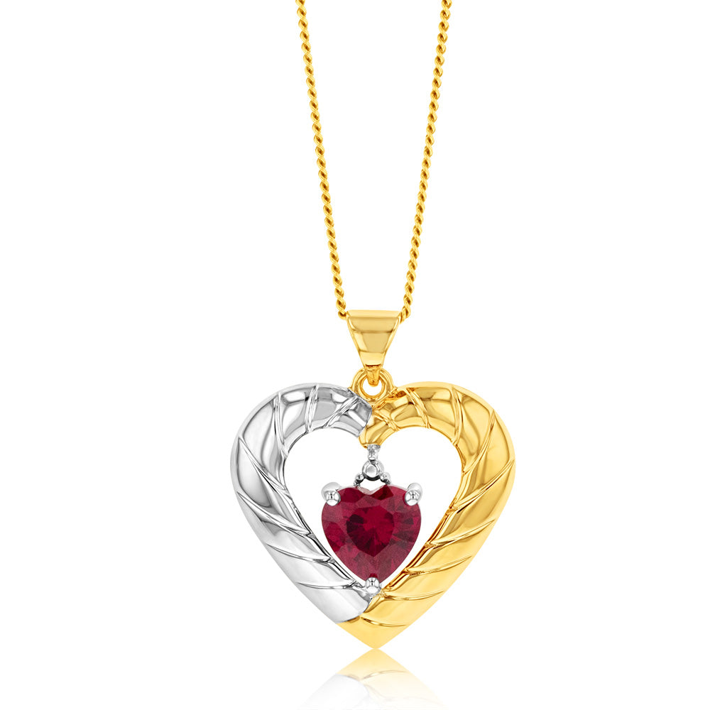 9ct Yellow And White Gold Created Ruby Heart Pendant