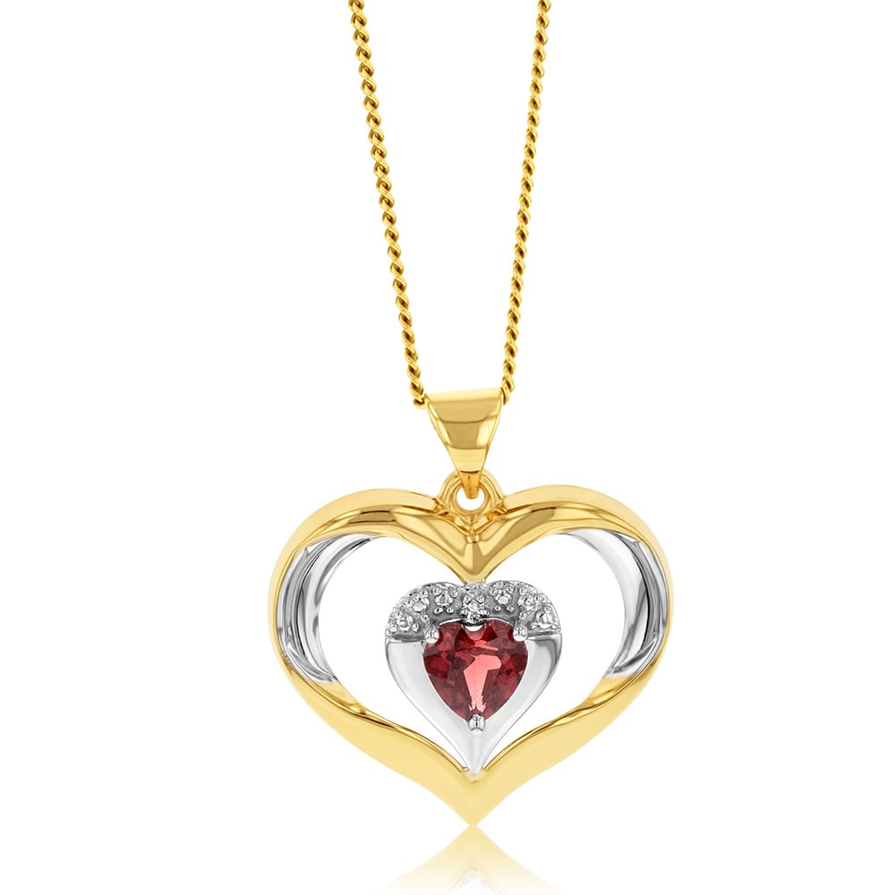 9ct Yellow And White Heart Garnet And Diamond Pendant