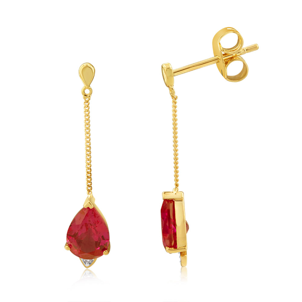 9ct Yellow And White Gold Ruby And Diamond Drop Earrings