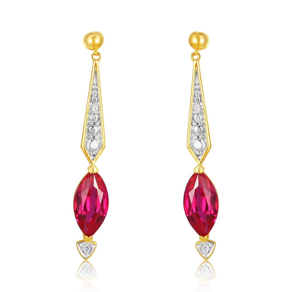 9ct Yellow And White Gold Created Ruby And Diamond Drop Earrings