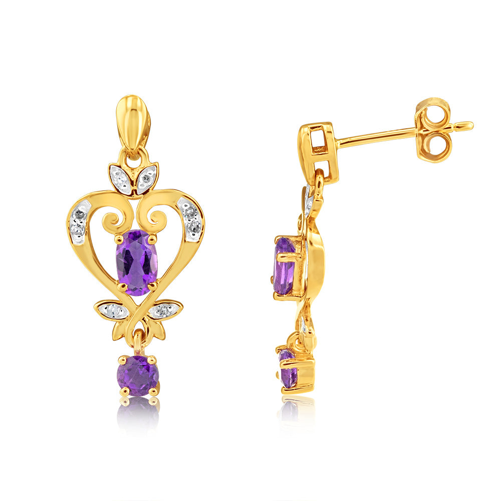 9ct Yellow Gold Amethyst And Diamond Drop Earrings
