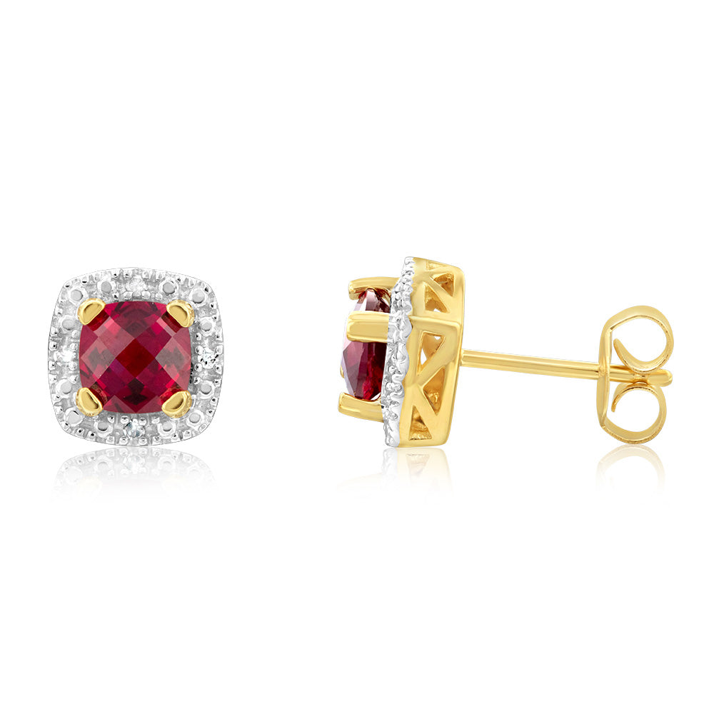 9ct Yellow Gold Diamond And Created Ruby Stud Earrings