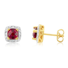 Load image into Gallery viewer, 9ct Yellow Gold Diamond And Created Ruby Stud Earrings