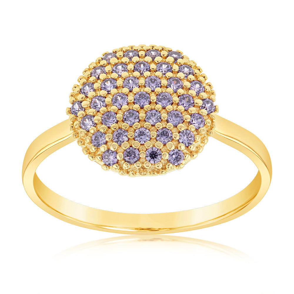 9ct Yellow Gold Purple Cubic Zirconia 10mm Round Pavee Ring