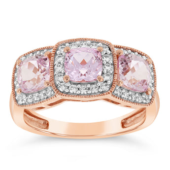 9ct Rose Gold Trilogy Cubic Zirconia And Created Morganite Ring