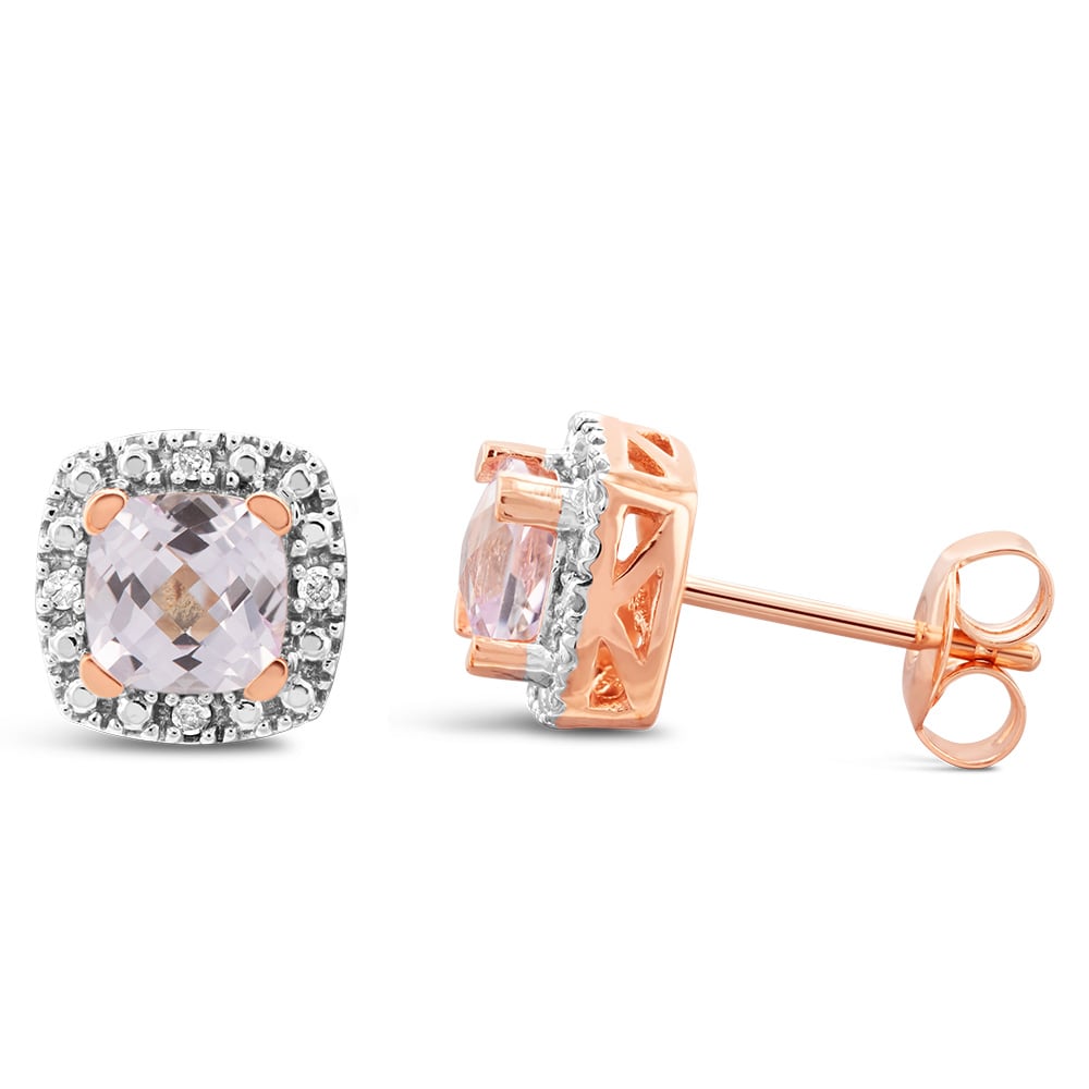9ct Rose Gold Created Morganite And Diamond Square Earrings