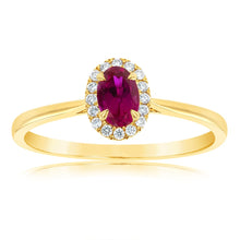 Load image into Gallery viewer, 9ct Yellow Gold Oval Created Ruby And Diamond Halo Ring