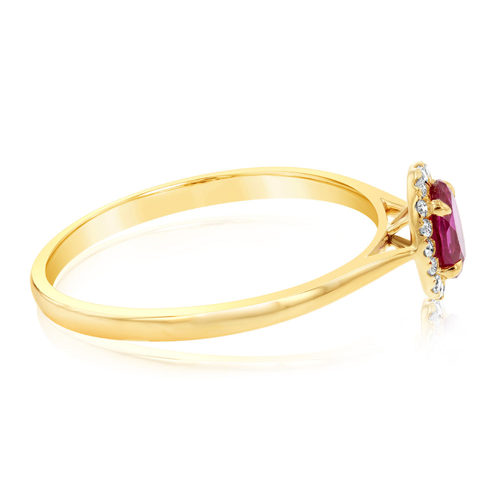 9ct Yellow Gold Oval Created Ruby And Diamond Halo Ring