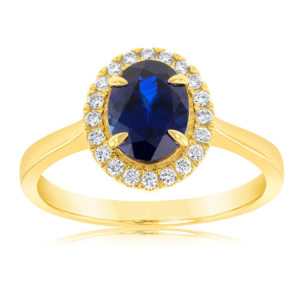 9ct Yellow Gold Created Oval Sapphire & Diamond Halo Ring