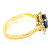 Load image into Gallery viewer, 9ct Yellow Gold Created Oval Sapphire &amp; Diamond Halo Ring
