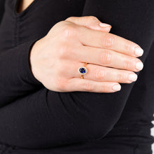 Load image into Gallery viewer, 9ct Yellow Gold Created Oval Sapphire &amp; Diamond Halo Ring
