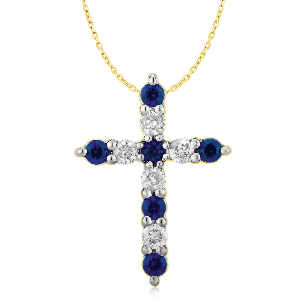 9ct Yellow Gold Diamond And Created Sapphire Cross Pendant