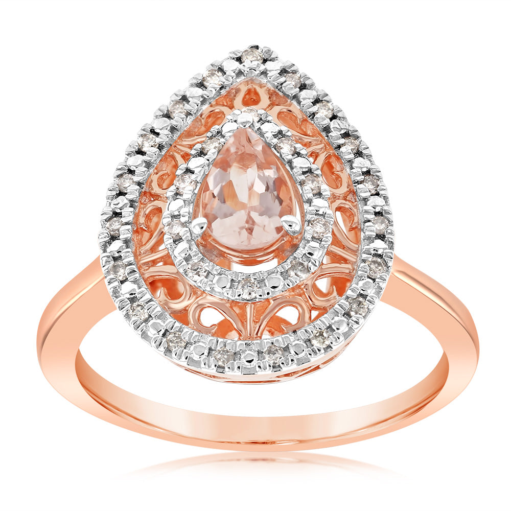 9ct Rose Gold Diamond And Oval Natural Morganite Pear Ring