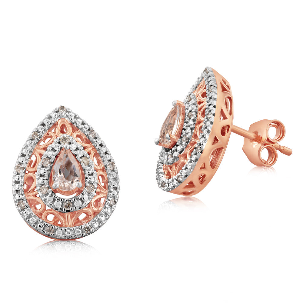9ct Rose Gold Diamond And Morganite Stud Earrings