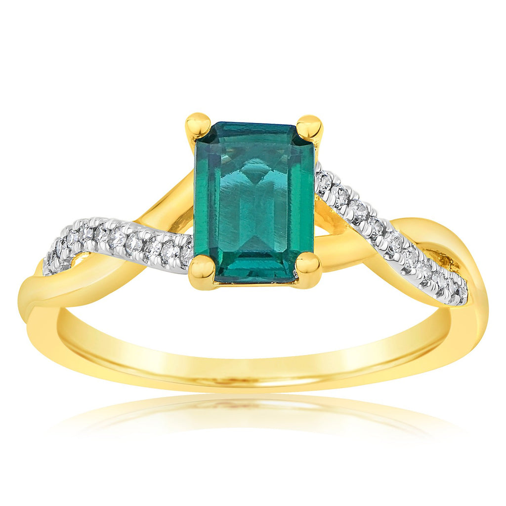 9ct Yellow Gold Diamond And Created Emerald Ring