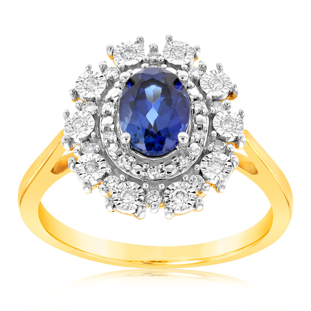9ct Yellow Gold Diamond And Created Sapphire Ring