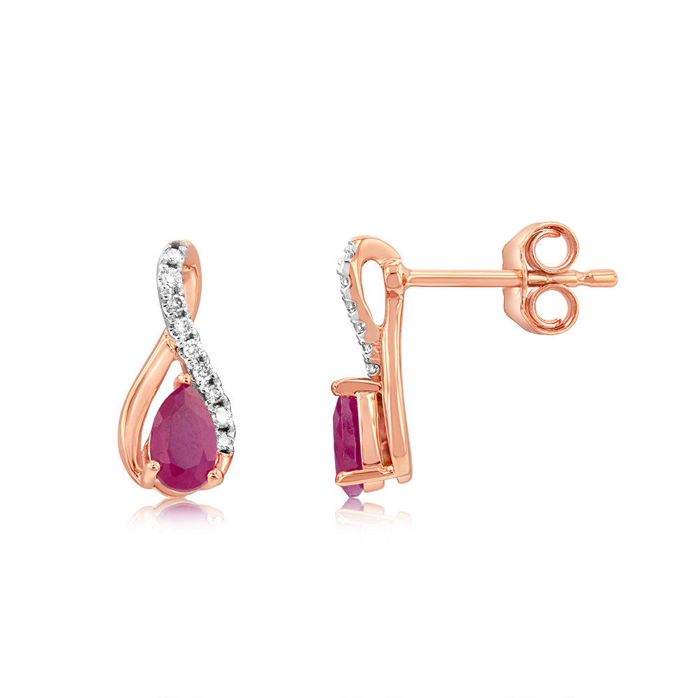 9ct Rose Gold Diamond And Created  Pear Ruby Stud Earrings