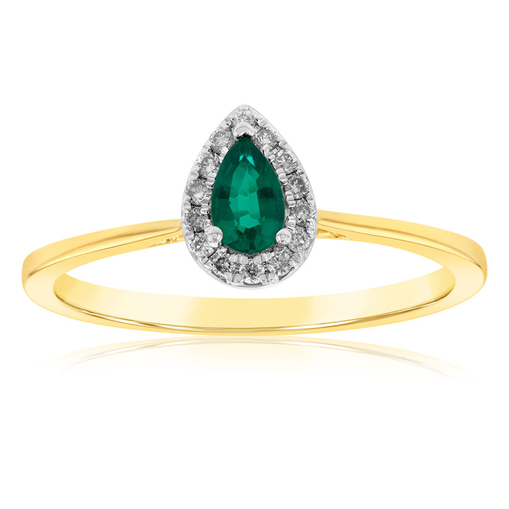 9ct Yellow Gold Diamond And Created Pear Emerald Ring