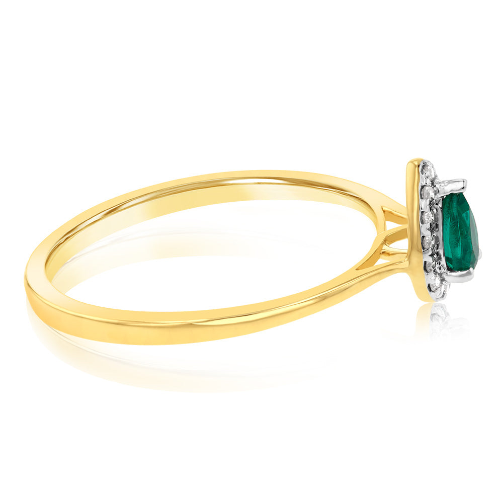 9ct Yellow Gold Diamond And Created Pear Emerald Ring
