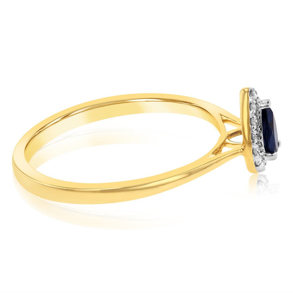 9ct Yellow Gold Diamond And Created Pear Sapphire Ring