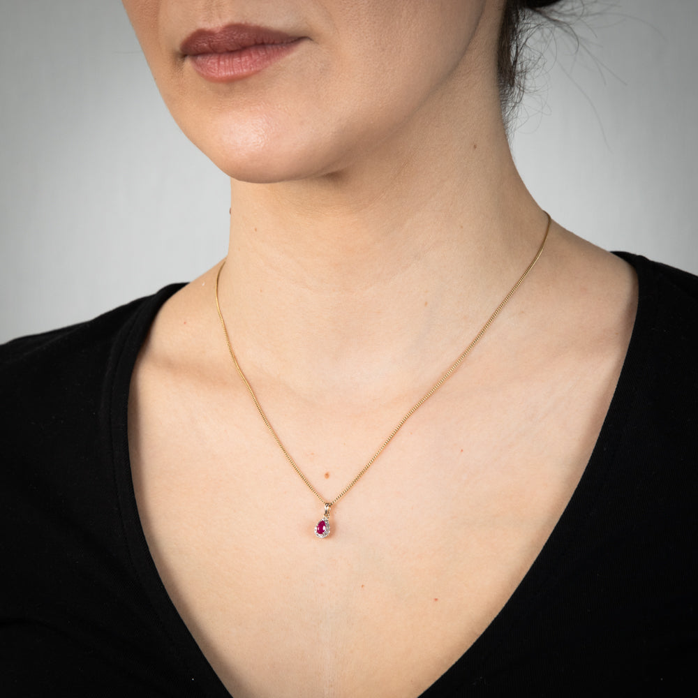 9ct Yellow Gold Diamond And Created Pear Ruby Pendant