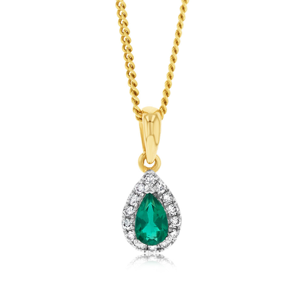 9ct Yellow Gold Diamond And Created Emerald Pendant