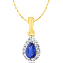 Load image into Gallery viewer, 9ct Yellow Gold Diamond And Created Pear Sapphire Pendant