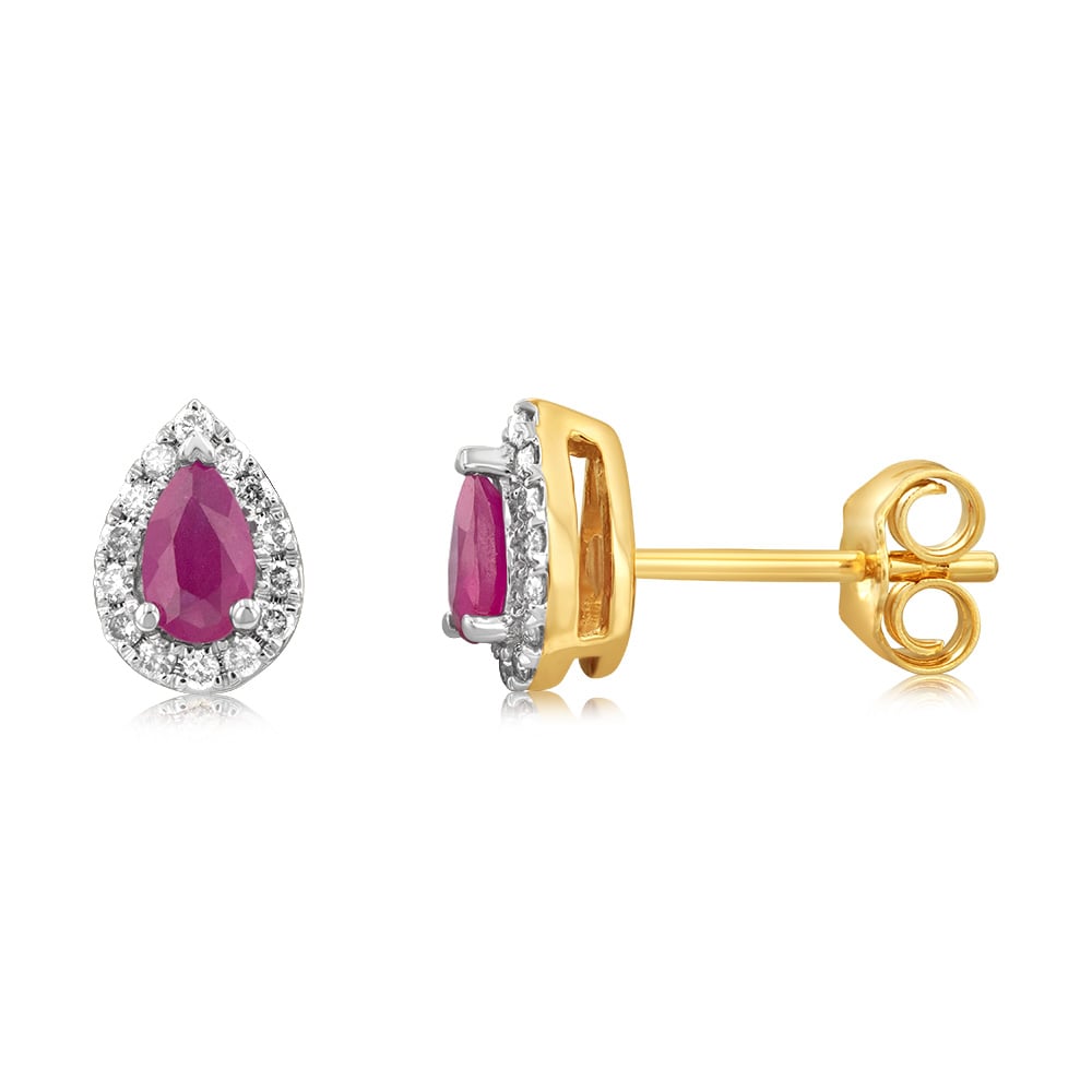 9ct Yellow Gold Diamond And Created Pear Ruby Earrings