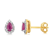 Load image into Gallery viewer, 9ct Yellow Gold Diamond And Created Pear Ruby Earrings