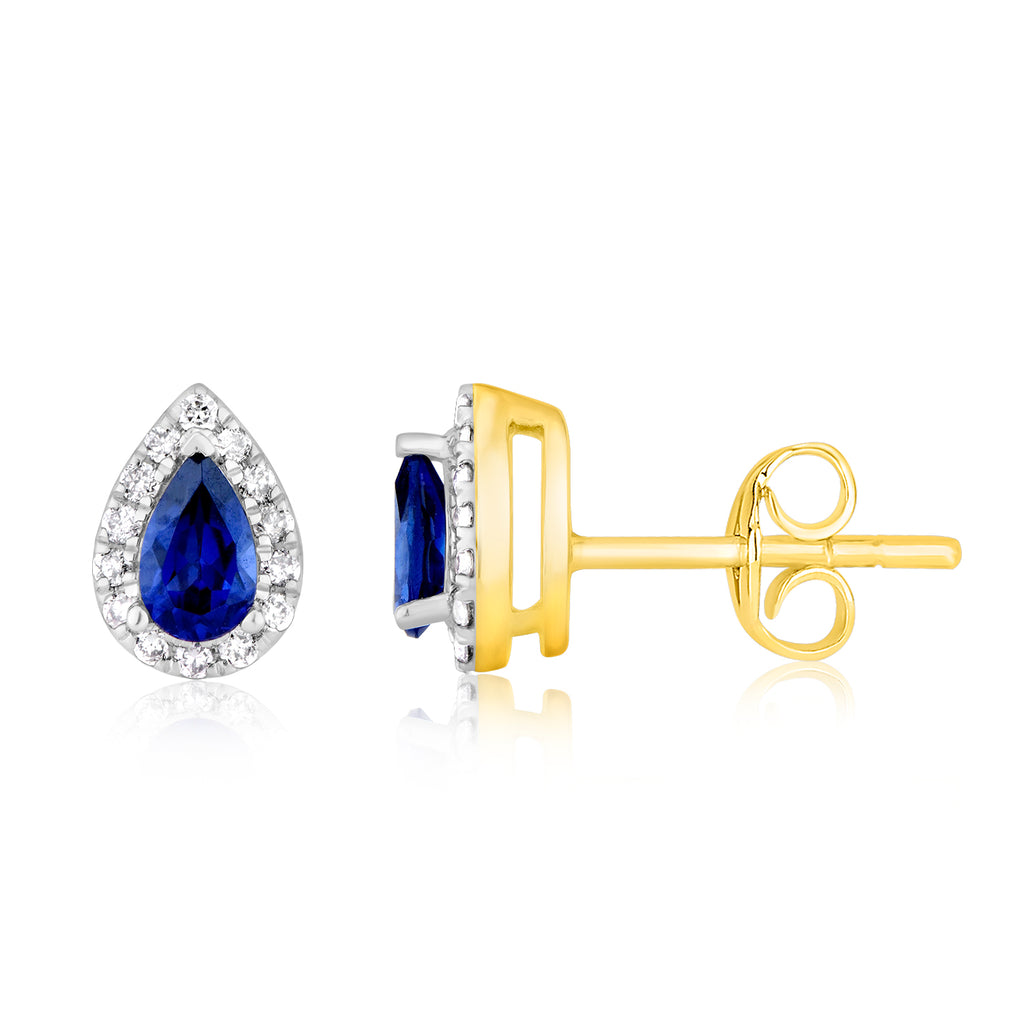 9ct Yellow Gold Diamond And Created Pear Sapphire Stud Earrings