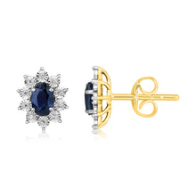 Load image into Gallery viewer, 9ct Yellow Gold Diamond And Created Pear Sapphire Stud Earrings