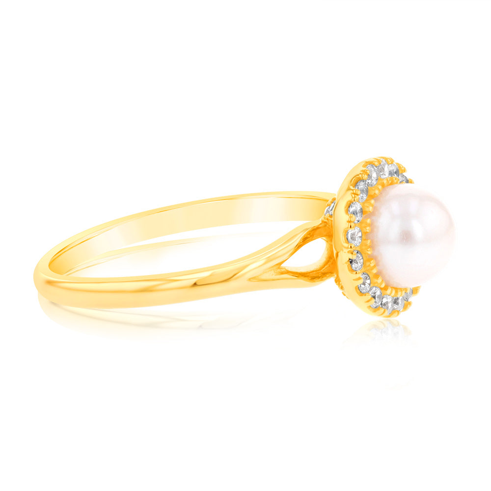 Sterling Silver 14ct Gold Plated Fresh Water Pearl And Zirconia Ring