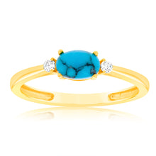 Load image into Gallery viewer, Sterling Silver Yellow Gold Plated Created Oval Green Turquoise And Zirconia Ring