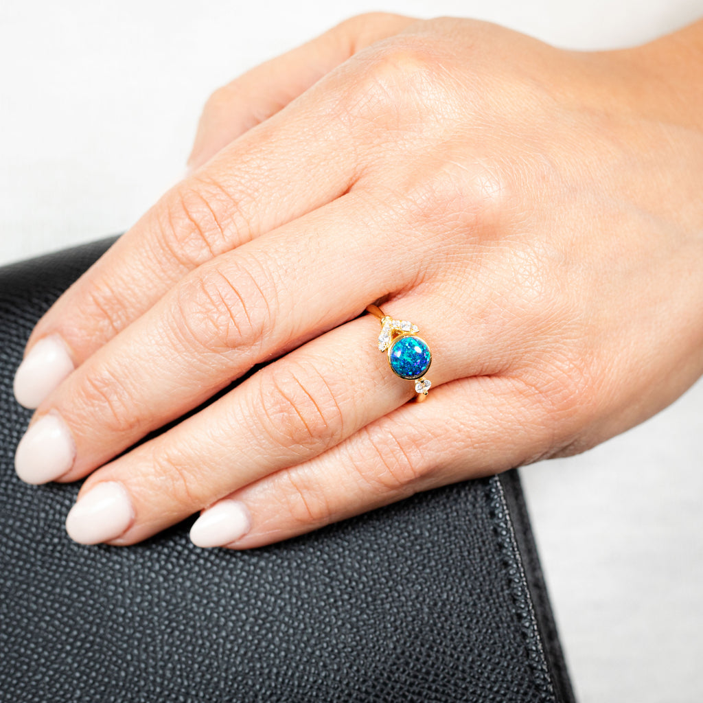 Sterling Silver Yellow Gold Plated Dark Blue Created Opal And Zirconia Ring