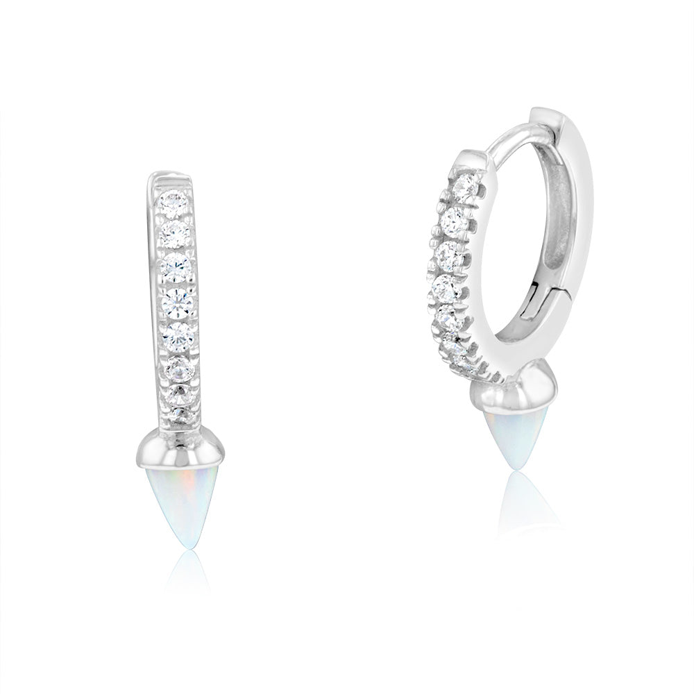 Sterling Silver Rhodium Plated Created White Opal & Zirconia Hoop Earrings